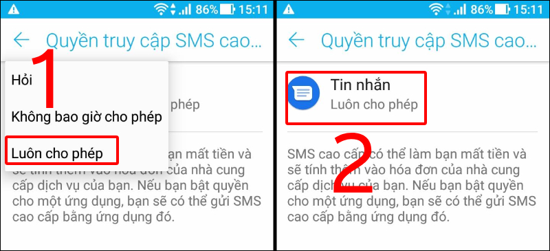  Nhấn Luôn cho phép để có thể gửi được tin nhắn